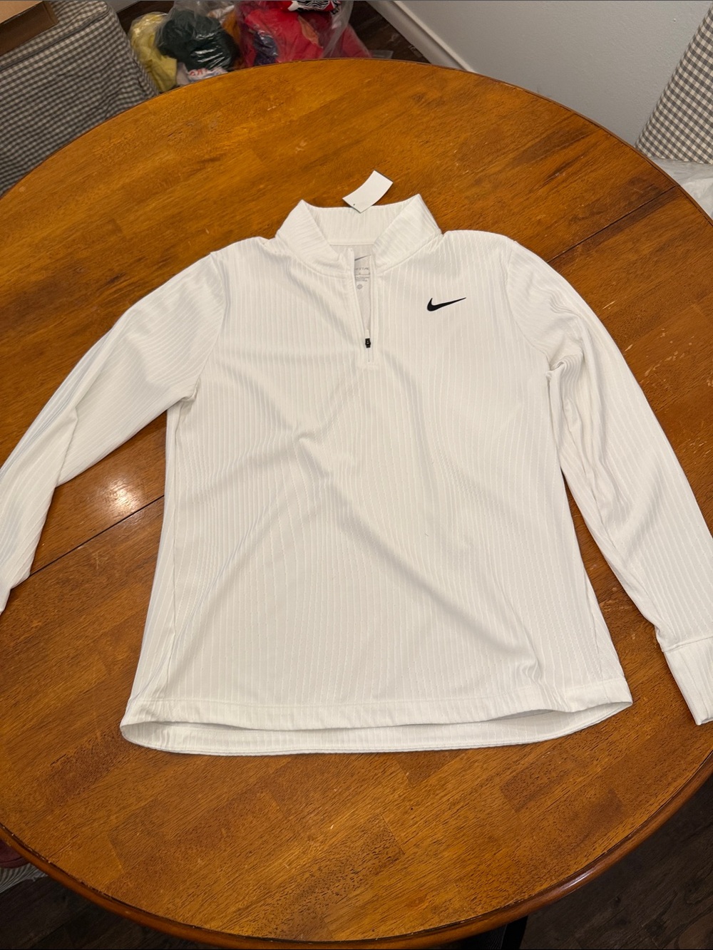 Nike White Women Ribbed Quarter-Zip Pullover with Black Swoosh Large L